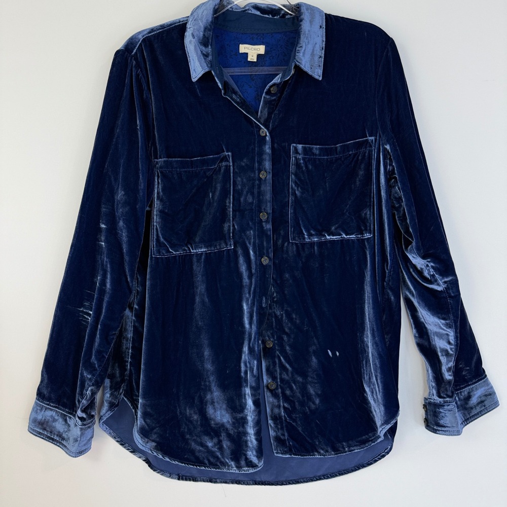 Pilcro Velvet Button Down Shirt Womens Medium Navy Blue Long Sleeve Pockets - Picture 2 of 11